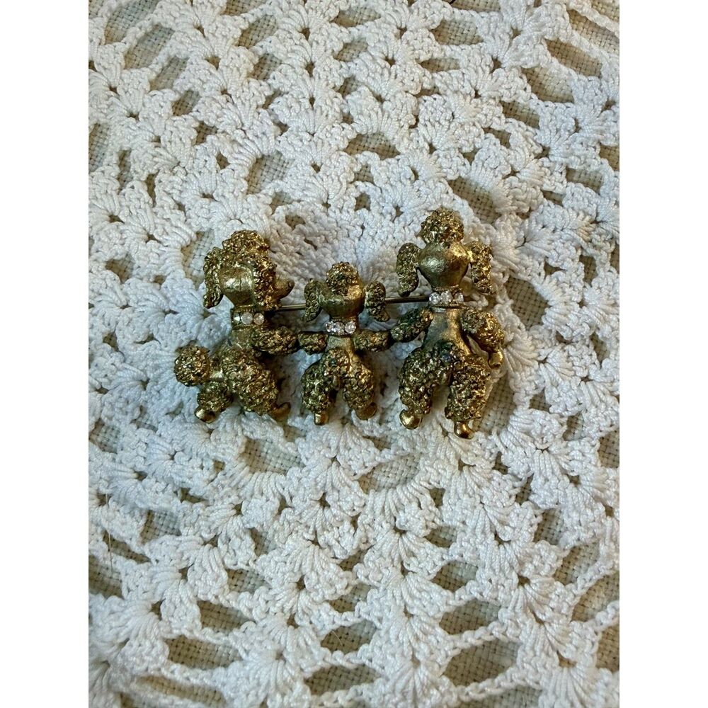 Vintage Signed Gansel "Three Poodles" Family Brooch,1960s Gold Tone